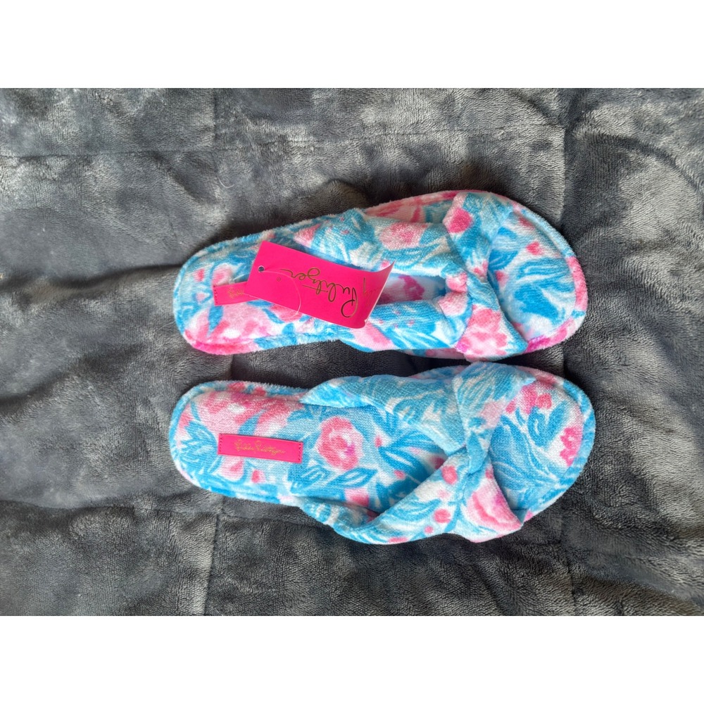 Lilly Pulitzer Womens Pink Blue Floral Plush Cross Strap Slippers Size 7/8 NEW